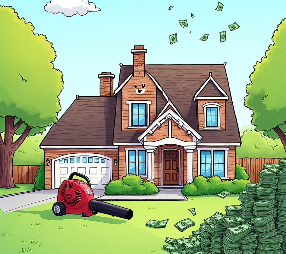 Cartoon showing a house with a leafblower blowing away a pile of money