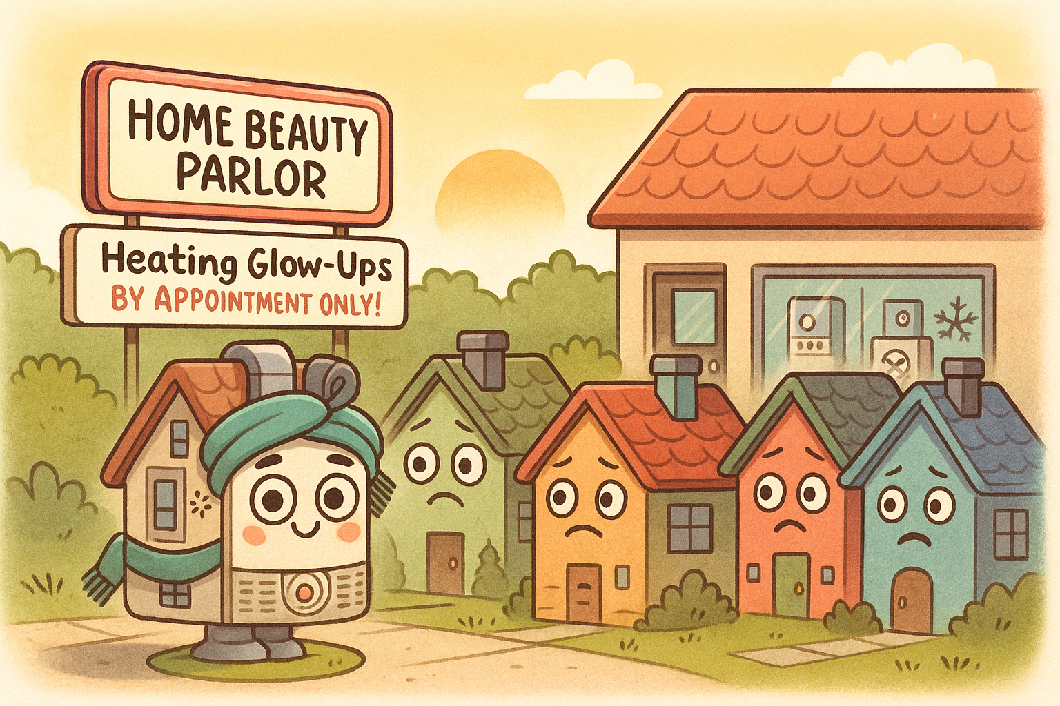 Cartoon showing a house waiting in line at the beauty parlor