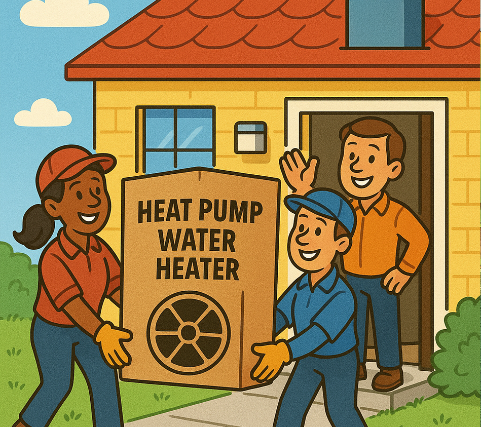 Cartoon showing a happy homeowner receiving their new heat pump water heater