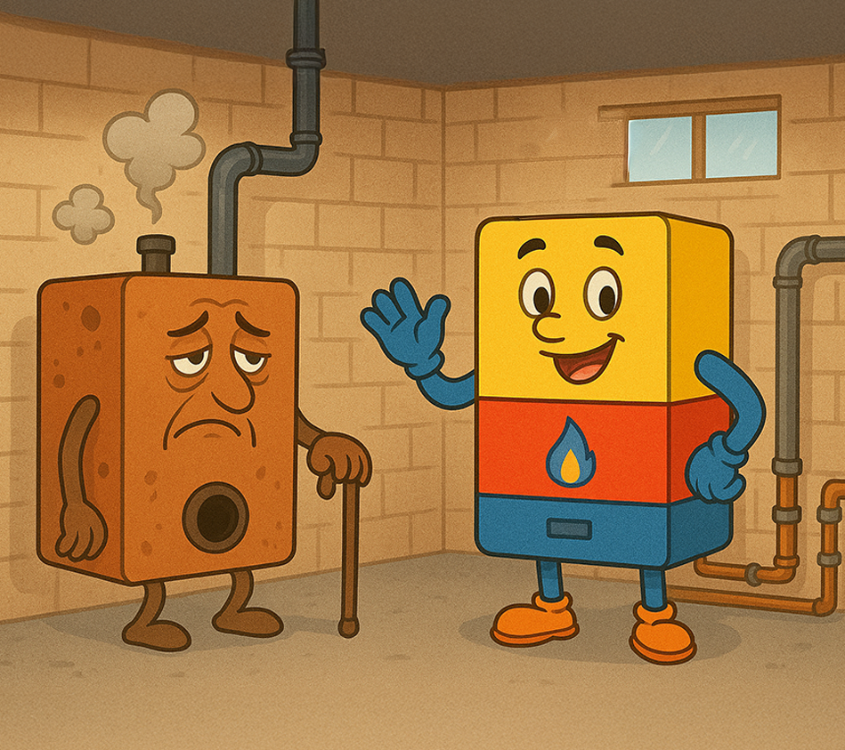 Cartoon showing a sad old oil heating system and a newer gas-fired heating system.